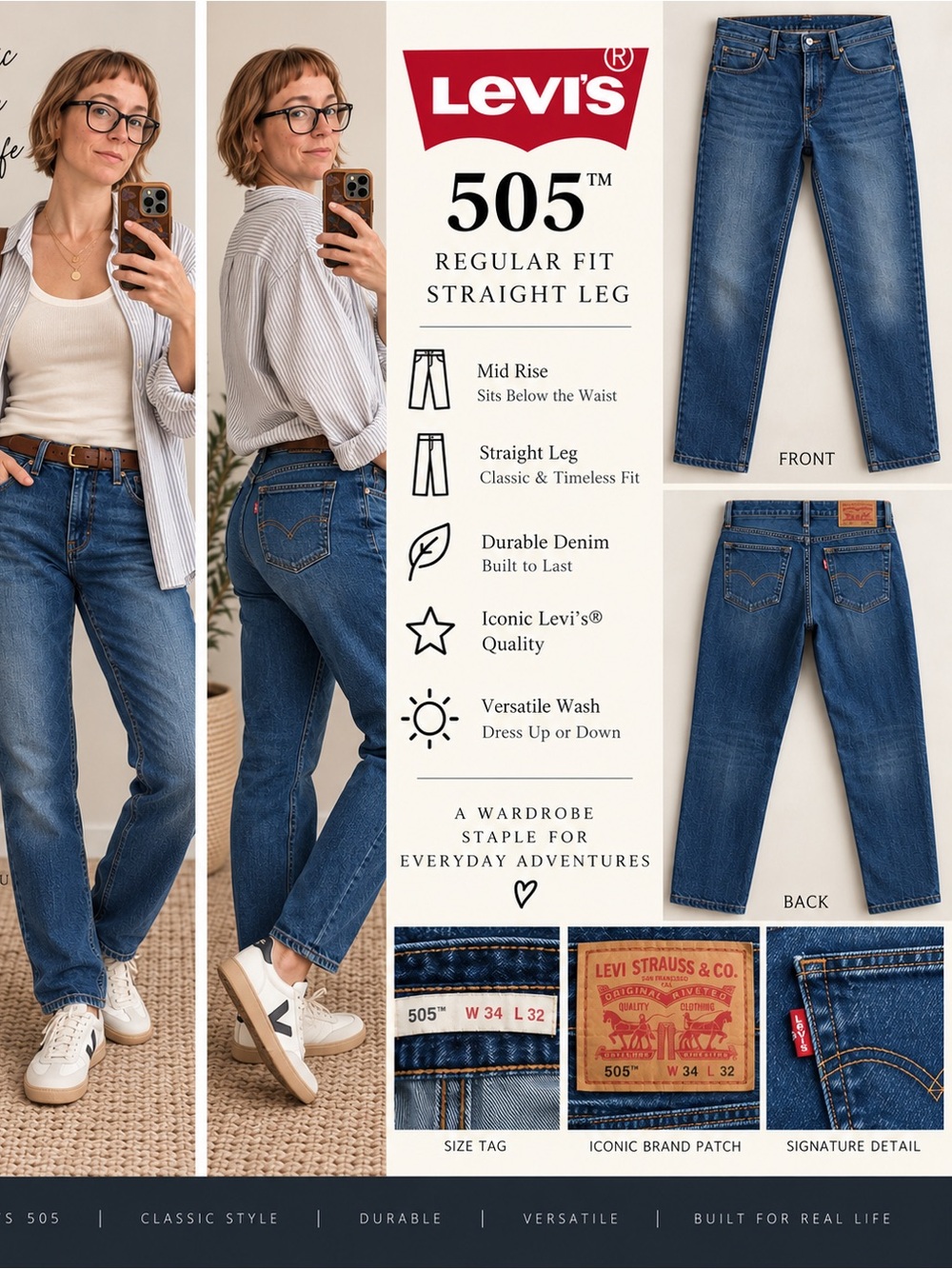 Levi’s 505 Regular Fit Straight Leg Jeans W34 L32 Blue Denim
